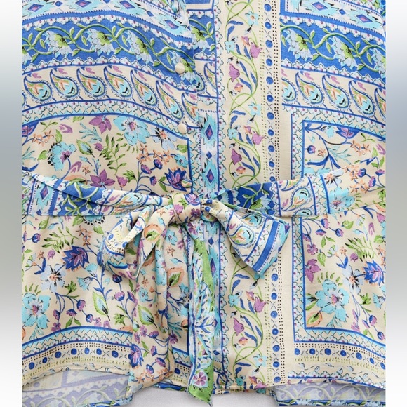 ZARA BOHEMIAN BELTED PRINT BLOUSE BLUE SIZE XS NWT - Picture 6 of 6